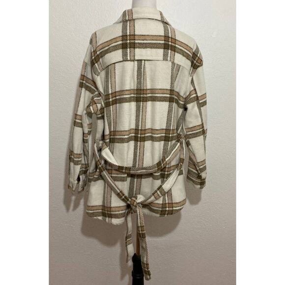 Eloquii Elements Size 14/16 Cream Tan Plaid Wool Blend Shacket with Belt Pocket - Picture 7 of 13